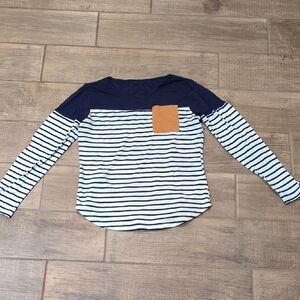 SHEIN Navy and White Striped Long Sleeve Tee with Tan Pocket
